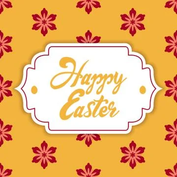 Happy Easter greeting card. Creative card with red flowers on yellow background Stock Illustration