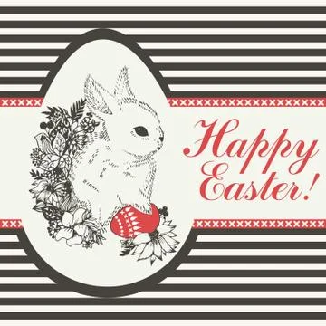 Happy Easter greeting card with a cute rabbit and red egg Stock Illustration