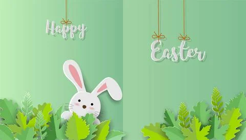 Happy Easter greeting card with cute bunny on paper art background Stock Illustration