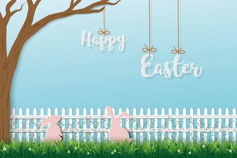 Happy Easter greeting card with cute rabbits on beautiful garden Stock Illustration