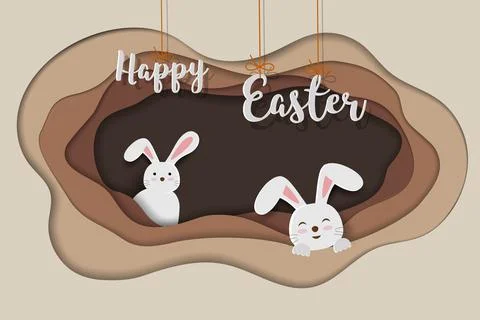 Happy Easter greeting card with cute rabbits happy in hole Stock Illustration
