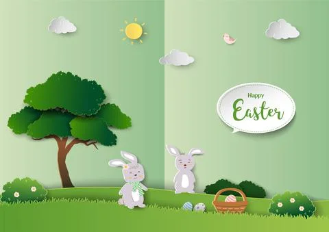 Happy Easter greeting card with cute rabbits on green paper art background Illustrazione stock