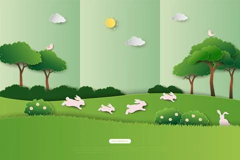 Happy Easter greeting card with cute rabbits jumping on spring garden Stock Illustration