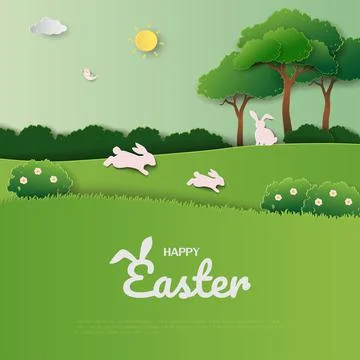 Happy Easter greeting card with cute rabbits on spring garden Stock Illustration