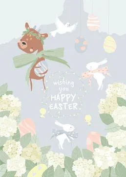 Happy Easter Greeting Card with Cute Deer, White Bunnies and Eggs Stock Illustration