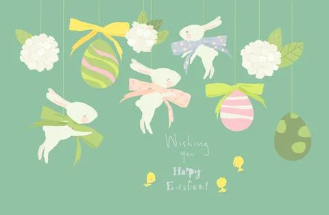 Happy Easter Greeting Card with Cute White Bunnies and Eggs Stock Illustration