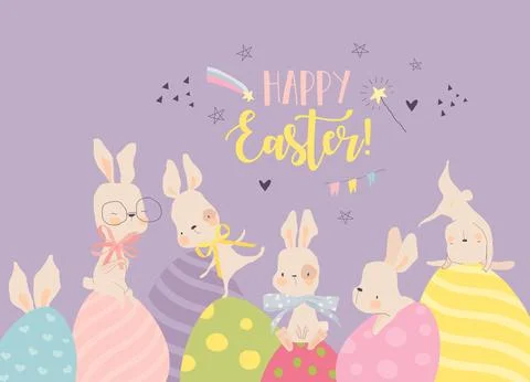 Happy Easter Greeting Card with Cute White Bunnies and Eggs Stock Illustration