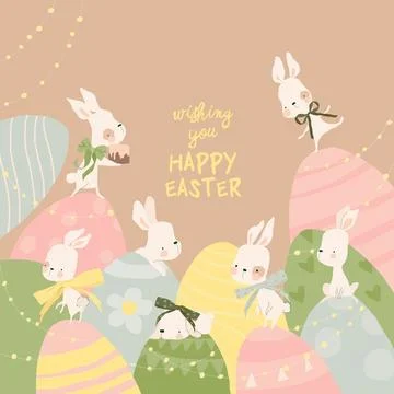 Happy Easter Greeting Card with Cute White Bunnies and Eggs Stock Illustration