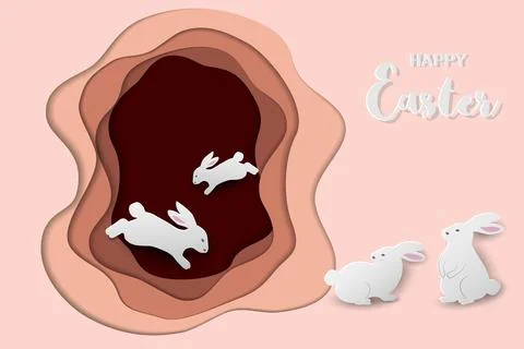 Happy Easter greeting card with cute rabbits family on paper cut and craft .. Illustrazione stock