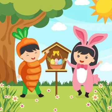 Happy Easter greeting card. Cute kids are wearing Easter costumes. Stock Illustration
