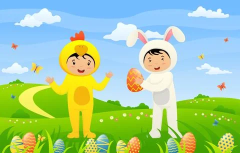Happy Easter greeting card. Cute kids are wearing Easter costumes. Stock Illustration