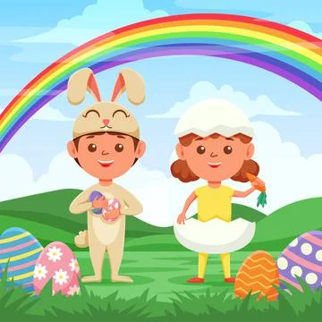 Happy Easter greeting card. Cute kids are wearing Easter costumes. Stock Illustration