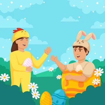 Happy Easter greeting card. Cute kids are wearing Easter costumes. Stock Illustration