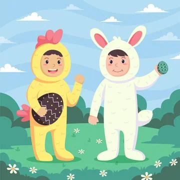 Happy Easter greeting card. Cute kids are wearing Easter costumes. Stock Illustration