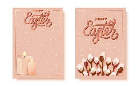 Happy Easter greeting card cute sparkly flat set Stock Illustration