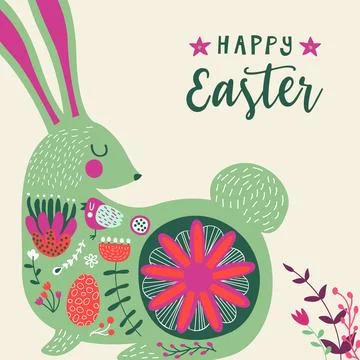 Happy easter greeting card in cute rabbit cartoon in folk boho art illustrati 스톡 일러스트