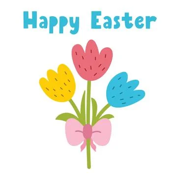Happy Easter greeting card with cute tulips. Springtime flower print Stock Illustration