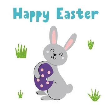 Happy Easter greeting card with a cute rabbit holding egg. Springtime Stock Illustration