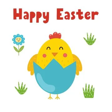 Happy Easter greeting card with a cute chick in eggshell Illustrazione stock