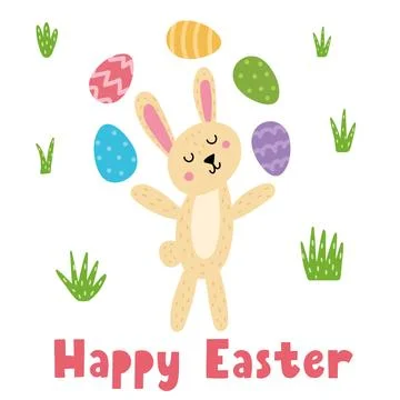 Happy Easter greeting card with a cute bunny juggling eggs. Springtime cute Stock Illustration