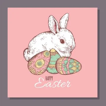 Happy Easter greeting card with cute rabbit, sketch vector illustration. Stockillustratie