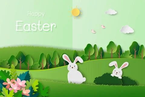 Happy Easter greeting card with cute rabbits in the garden on paper cut and.. Stock Illustration