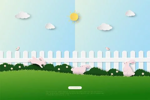 Happy Easter greeting card with cute rabbits happy on spring garden Stock Illustration
