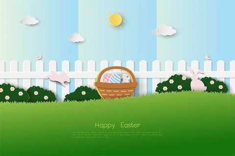 Happy Easter greeting card with cute rabbits on spring garden for decorativ.. Stock Illustration