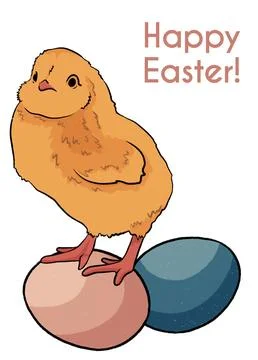 Happy Easter greeting card with cute chicken and eggs. Hand drawn illustration Stock Illustration