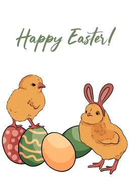 Happy Easter greeting card with cute chicken and easter eggs. Hand drawn illustr Stock Illustration