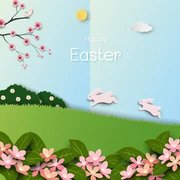 Happy Easter greeting card with cute cartoon rabbits on beautiful spring gard Stock Illustration
