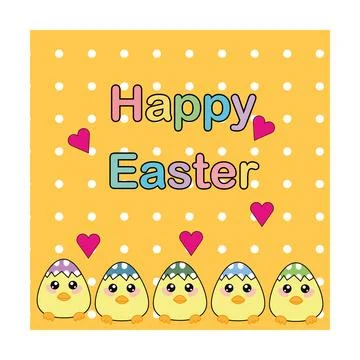 Happy Easter Greeting Card with Cute Kawaii Chicks in Eggshells. Stock Illustration