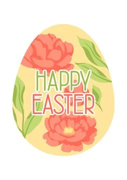 Happy Easter greeting card. Cute egg and flowers for traditional celebration. Stock Illustration