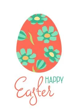 Happy Easter greeting card. Cute egg and flowers for traditional celebration. Stock Illustration