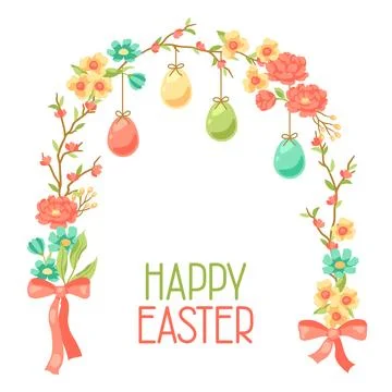 Happy Easter greeting card. Cute eggs and flowers for traditional celebration Stock Illustration