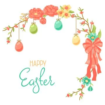 Happy Easter greeting card. Cute eggs and flowers for traditional celebration Stock Illustration