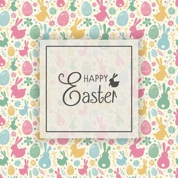 Happy Easter. Greeting card with decorative eggs, bunnies and flowers on whit Stock Illustration