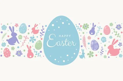 Happy Easter. Greeting card with decorative eggs, bunnies and flowers on whit Stock Illustration