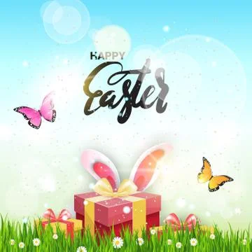 Happy Easter Greeting Card Design Gift Box With Bunny Ears In Green Grass Illustrazione stock