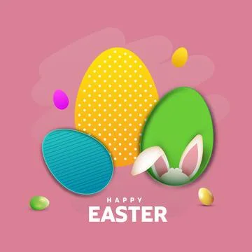 Happy Easter Greeting Card Design with Colorful Egg with Bunny Ear on Grass.. Stock Illustration