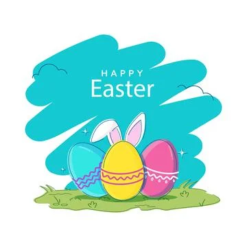 Happy Easter Greeting Card Design with Colorful Egg with Bunny Ear on Grass.. Stock Illustration