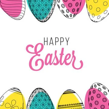Happy Easter Greeting Card Design with Doodle Style Colorful Painted Eggs D.. Stock Illustration