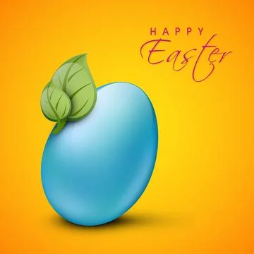Happy Easter Greeting Card Design with Egg and Green Leaf on Glossy Orange .. Stock Illustration