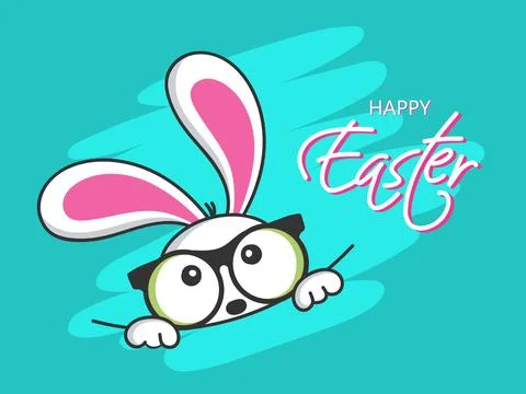 Happy Easter Greeting Card Design with Cute Bunny Face wearing Eyeglasses i.. Stock Illustration