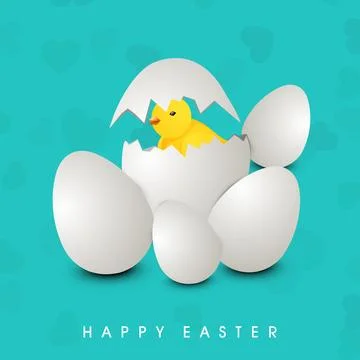 Happy Easter Greeting Card Design with Cartoon Newborn Chick Coming Out Egg.. イラスト素材