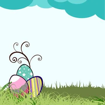Happy Easter Greeting Card Design with Beautiful Flourish Egg on Grass Back.. Illustrazione stock