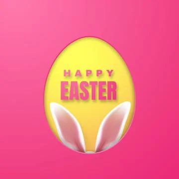 Happy Easter Greeting Card with Easter Bunny. Color Paper Easter Egg on Pink  Stock Illustration