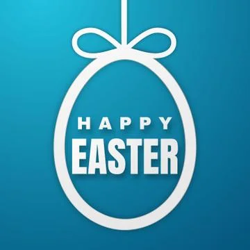 Happy Easter Greeting Card with Easter Bunny. Color Paper Easter Egg on Blue  Stock Illustration