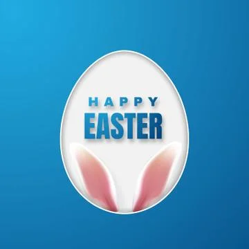 Happy Easter Greeting Card with Easter Bunny. Color Paper Easter Egg on Blue  Stock Illustration