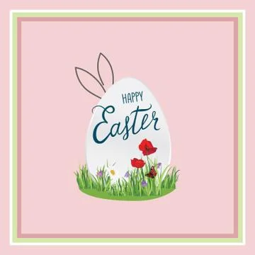Happy Easter greeting card. Easter egg over field grass and flowers pattern. Illustrazione stock